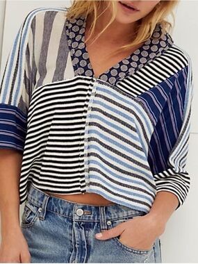 Free People We The Free "The Stripe Is Right" Blouse Striped Mixed Media Large